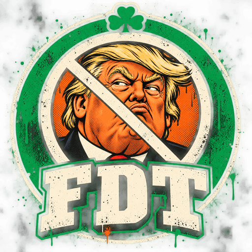 $FDT logo: a green spray-paint badge topped with a clover, a crossed-out orange caricature of Donald Trump inside, and the letters FDT below.